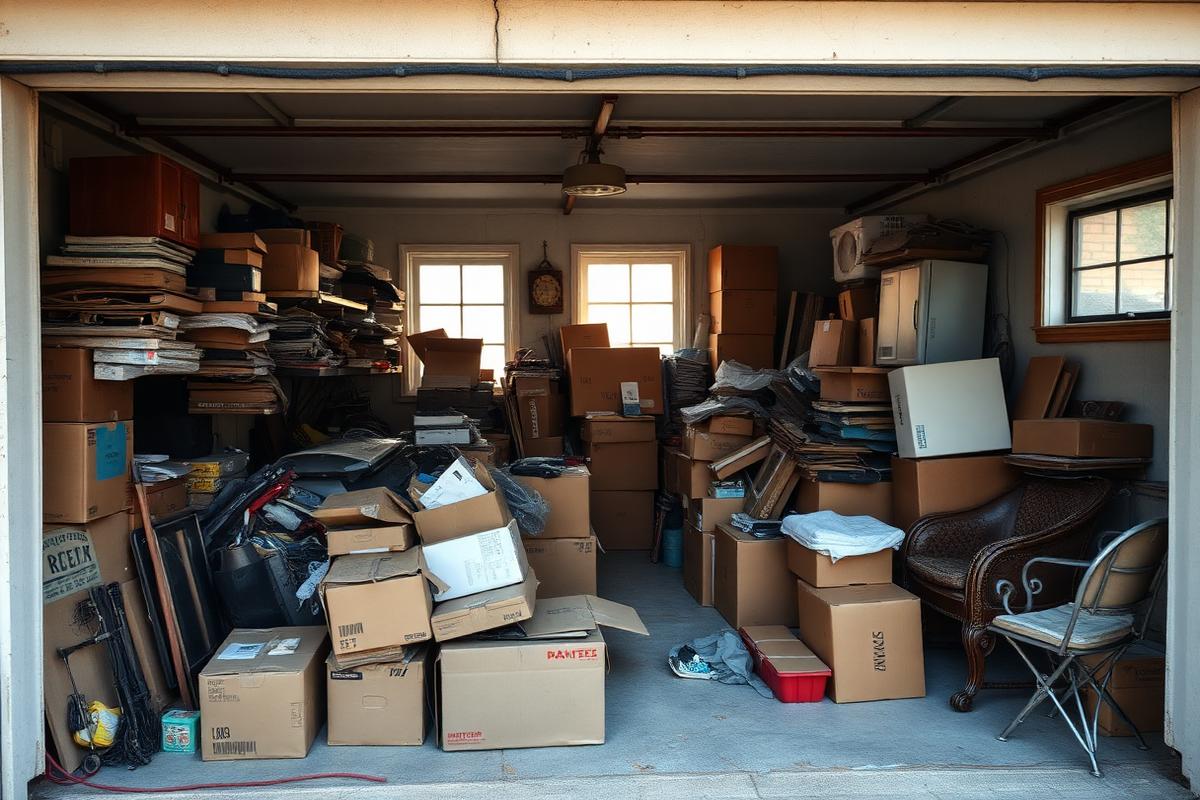 Garage before junk removal, filled with clutter